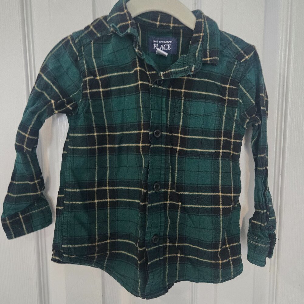 Children's Place Green and Gold Plaid Christmas Button Up 2t